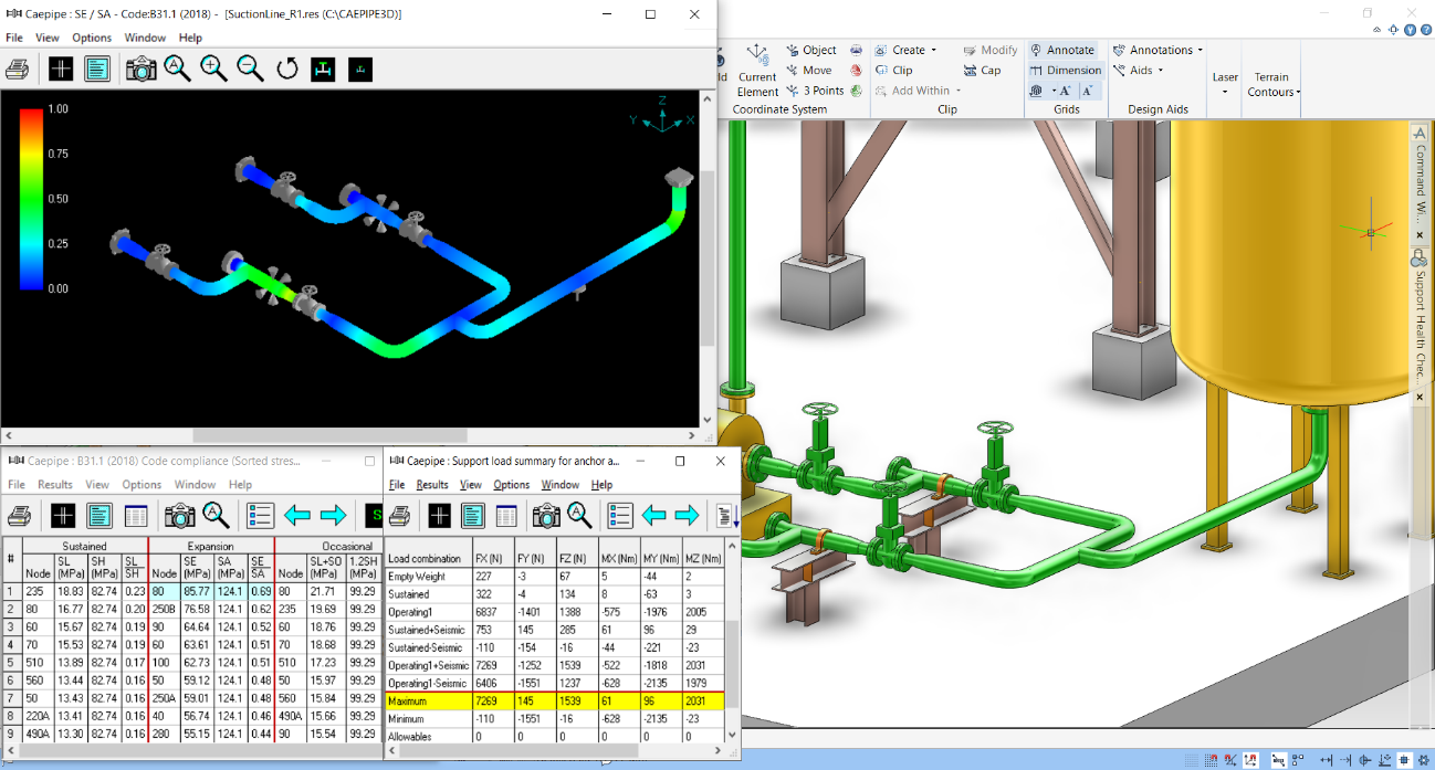 CAEPIPE 3D+ の3D解析画面と応力結果ビュー